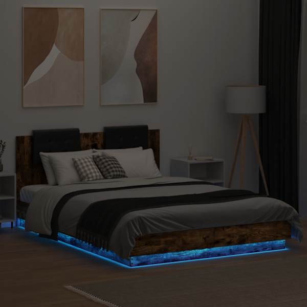 LED-valgustusega voodiraam, suitsutatud tamm, 150 × 200 cm — mudel 3210007
