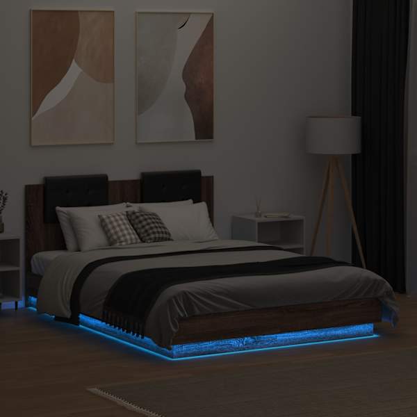 LED-valgustusega voodiraam, pruun tamm, 120 × 190 cm — mudel 3210058