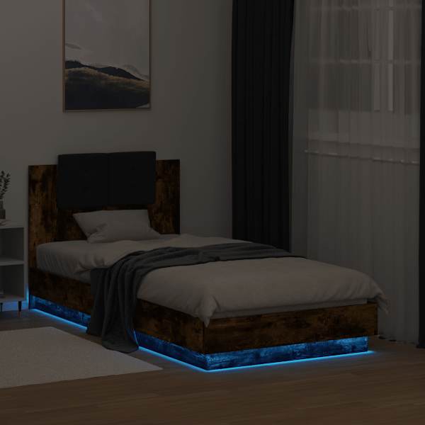 LED-valgustusega voodiraam, suitsutatud tamm, 90 × 190 cm — mudel 3210063