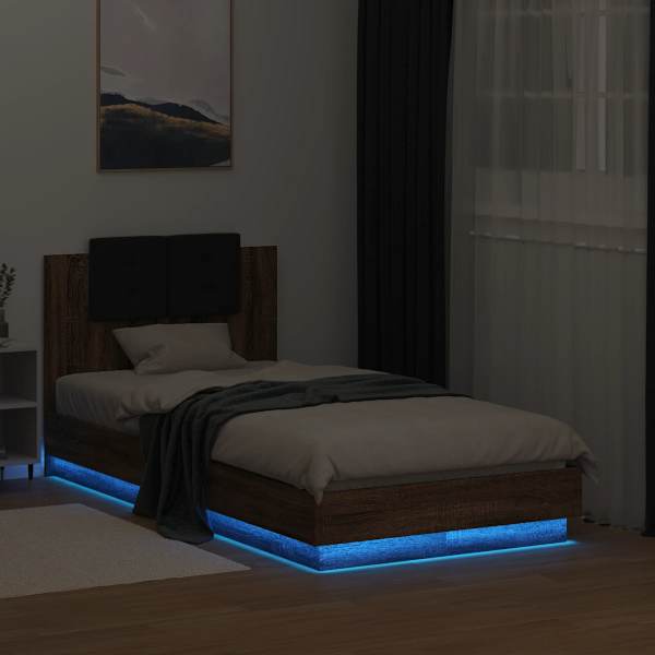LED-valgustusega voodiraam peatsiga, pruun tamm, 90 × 190 cm — mudel 3210065