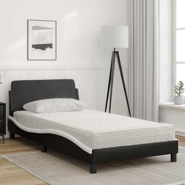 Voodiraam koos poroloonmadratsiga, must ja valge, 100 × 200 cm, kunstnahk — mudel 3208362