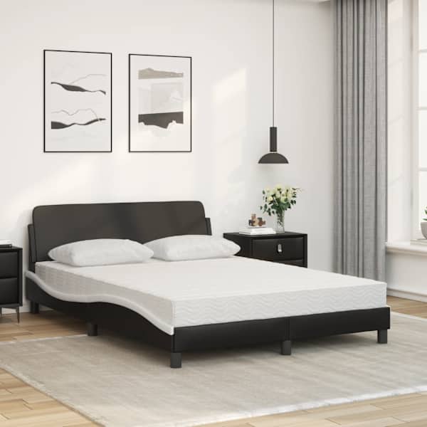 Voodiraam koos poroloonmadratsiga, must ja valge, 140 × 200 cm, kunstnahk — mudel 3208422