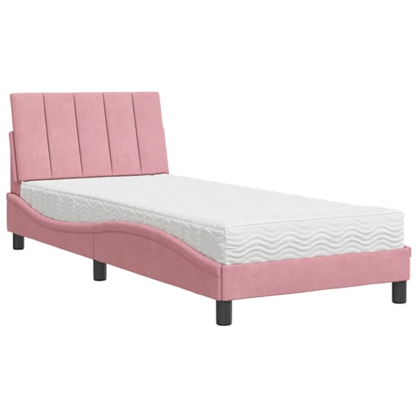 Voodiraam koos poroloonmadratsiga, roosa, 90 × 190 cm, samet — mudel 3208573