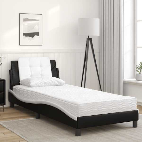 Voodiraam koos poroloonmadratsiga, must ja valge, 100 × 200 cm, kunstnahk — mudel 3208850