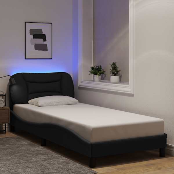 LED-valgustusega voodiraam, must, 80 × 200 cm, kangas