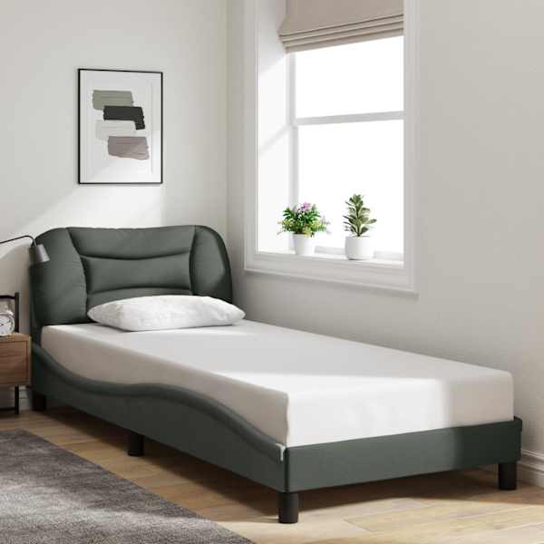 LED-valgustusega voodiraam, tumehall, 90 × 190 cm, kangas — mudel 3213670