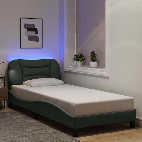 LED-valgustusega voodiraam, tumehall, 90 × 190 cm, kangas — mudel 3213670