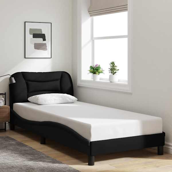 LED-valgustusega voodiraam, must, 90 × 190 cm, kangas — mudel 3213671
