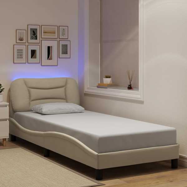 LED-valgustusega voodiraam, kreemjasvalge, 90 × 190 cm, kangas — mudel 3213674