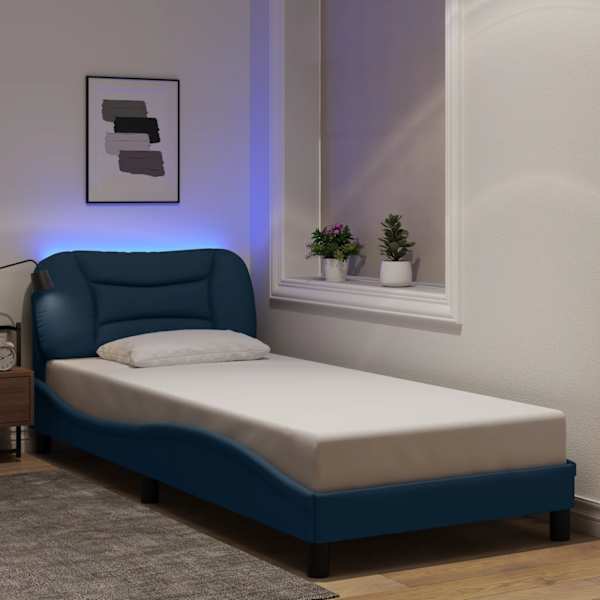 LED-valgustusega voodiraam, sinine, 90 × 190 cm, kangas — mudel 3213675