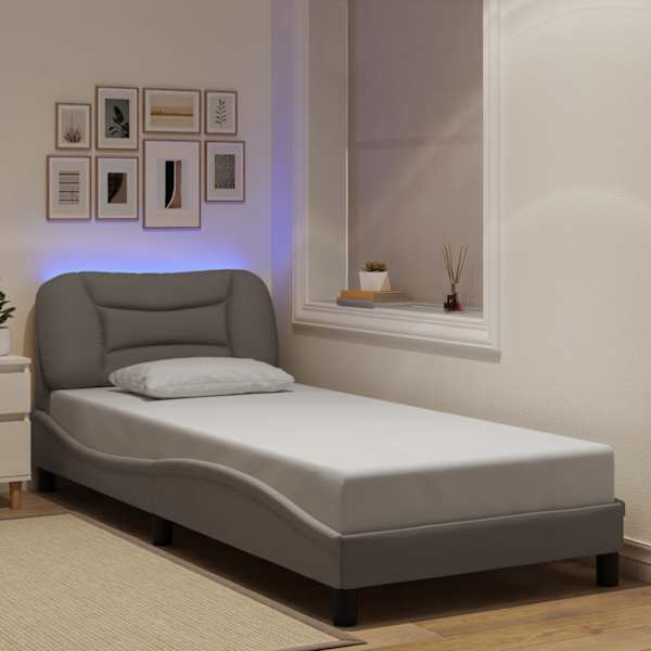 LED-valgustusega voodiraam, pruunikashall, 90 × 200 cm, kangas — mudel 3213680