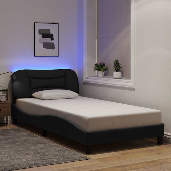 LED-valgustusega voodiraam, must, 100 × 200 cm, kangas — mudel 3213685