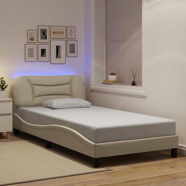 LED-valgustusega voodiraam, kreemjasvalge, 100 × 200 cm, kangas — mudel 3213688