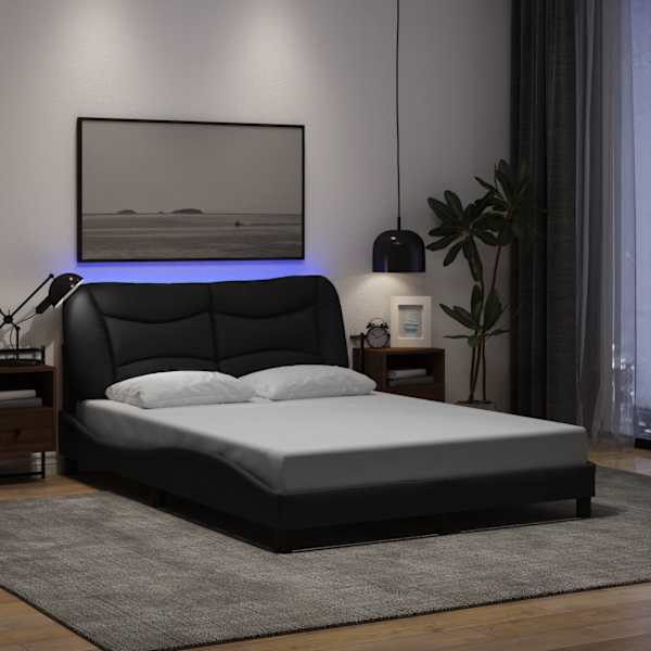 LED-valgustusega voodiraam, must, 140 × 200 cm, kangas — mudel 3213706