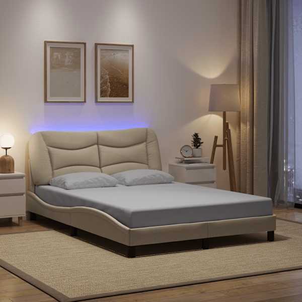 LED-valgustusega voodiraam, kreemjasvalge, 140 × 200 cm, kangas — mudel 3213709