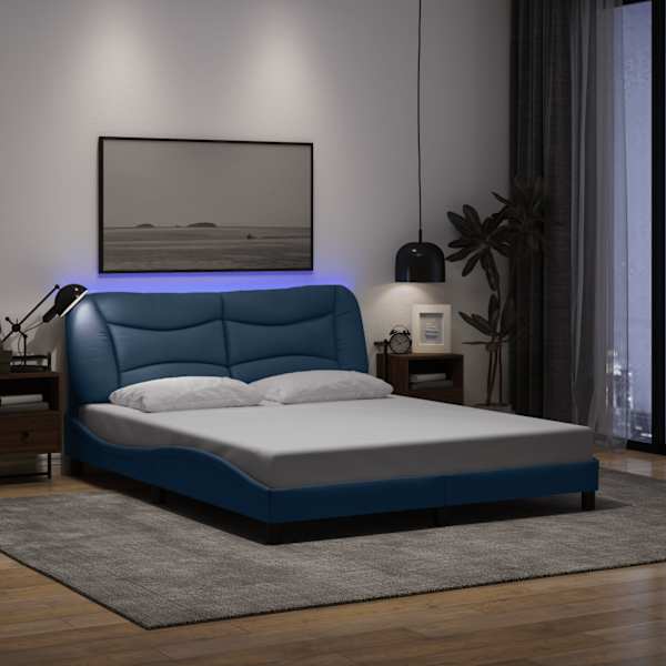 LED-valgustusega voodiraam, sinine, 160 × 200 cm, kangas — mudel 3213717