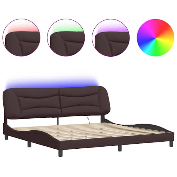 LED-valgustusega voodiraam, tumepruun, 200 × 200 cm, kangas — mudel 3213728