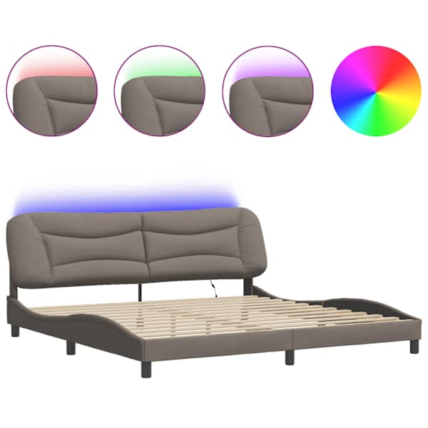 LED-valgustusega voodiraam, pruunikashall, 200 × 200 cm, kangas — mudel 3213729