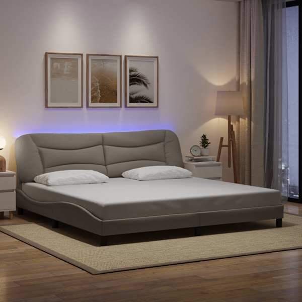 LED-valgustusega voodiraam, pruunikashall, 200 × 200 cm, kangas — mudel 3213729