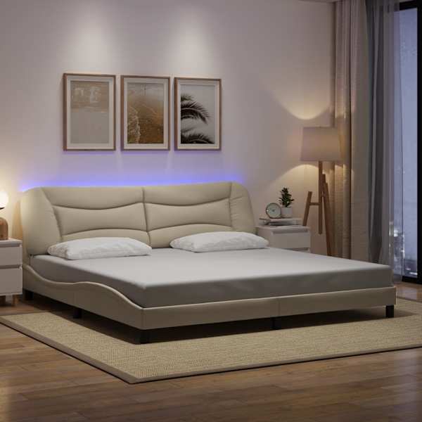 LED-valgustusega voodiraam, kreemjasvalge, 200 × 200 cm, kangas — mudel 3213730