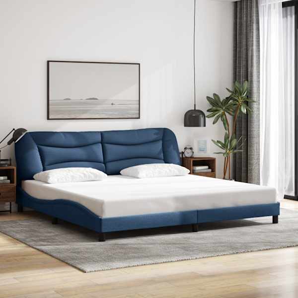 LED-valgustusega voodiraam, sinine, 200 × 200 cm, kangas — mudel 3213731