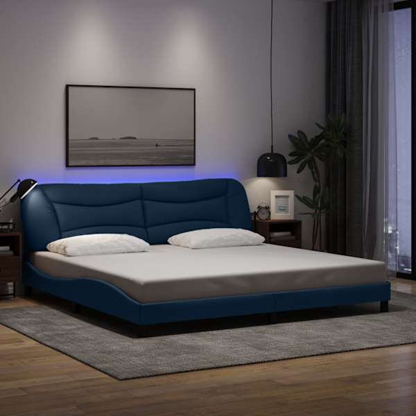LED-valgustusega voodiraam, sinine, 200 × 200 cm, kangas — mudel 3213731