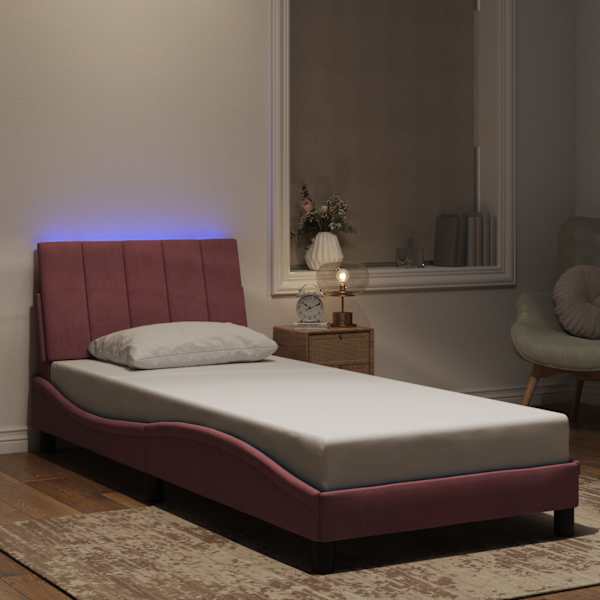 LED-valgustusega voodiraam, roosa, 80 × 200 cm, samet — mudel 3213750