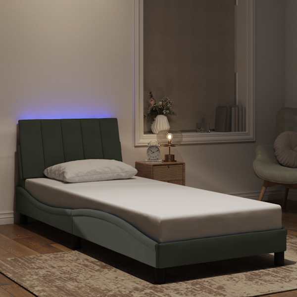 LED-valgustusega voodiraam, helehall, 90 × 190 cm, samet — mudel 3213751