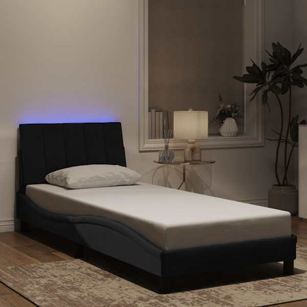 LED-valgustusega voodiraam, must, 90 × 190 cm, samet — mudel 3213753