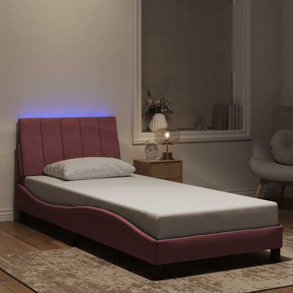 LED-valgustusega voodiraam, roosa, 90 × 190 cm, samet — mudel 3213756