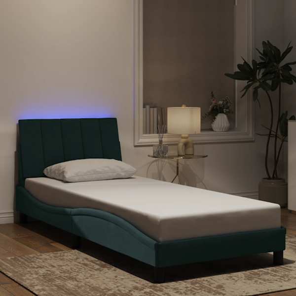 LED-valgustusega voodiraam, tumeroheline, 90 × 200 cm, samet — mudel 3213760