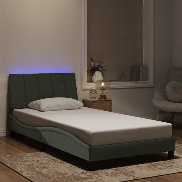 LED-valgustusega voodiraam, helehall, 100 × 200 cm, samet — mudel 3213763