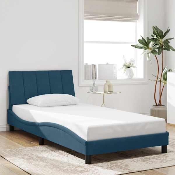 LED-valgustusega voodiraam, sinine, 100 × 200 cm, kangas — mudel 3213767