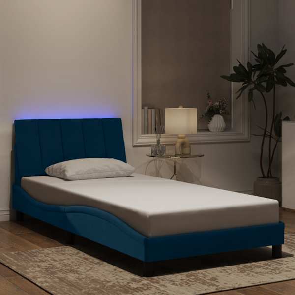 LED-valgustusega voodiraam, sinine, 100 × 200 cm, kangas — mudel 3213767