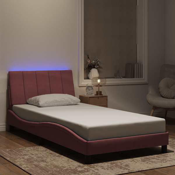 LED-valgustusega voodiraam, roosa, 100 × 200 cm, samet — mudel 3213768