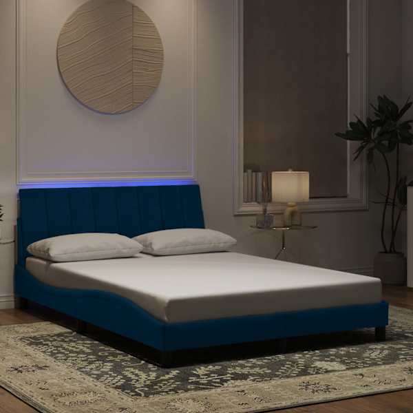 LED-valgustusega voodiraam, sinine, 140 × 190 cm, samet — mudel 3213779