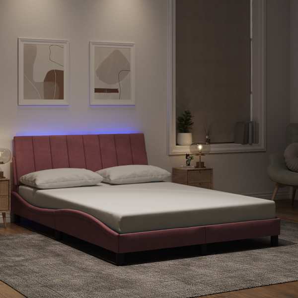 LED-valgustusega voodiraam, roosa, 140 × 190 cm, samet — mudel 3213780