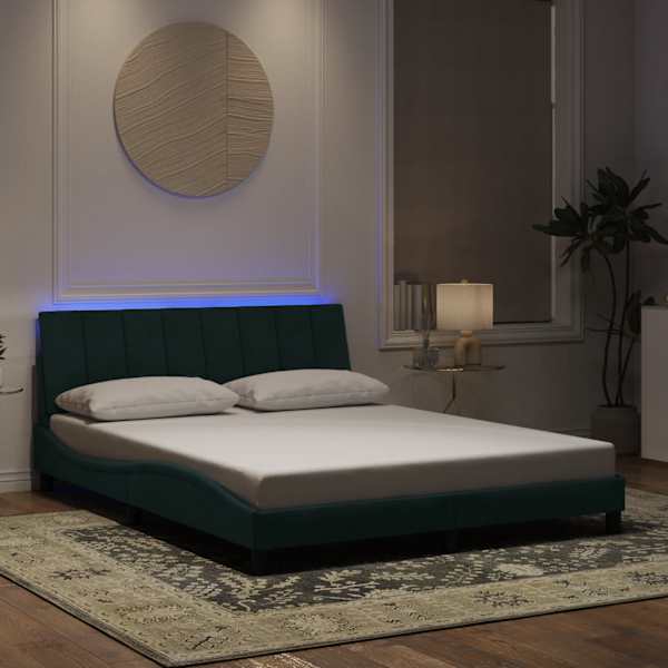 LED-valgustusega voodiraam, tumeroheline, 160 × 200 cm, samet — mudel 3213790