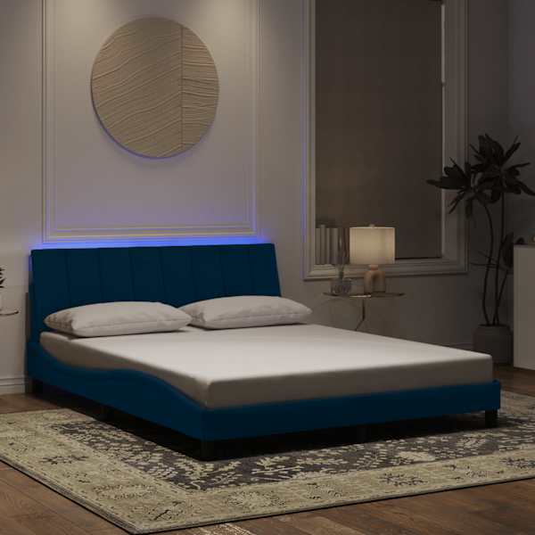 LED-valgustusega voodiraam, sinine, 160 × 200 cm, samet — mudel 3213791