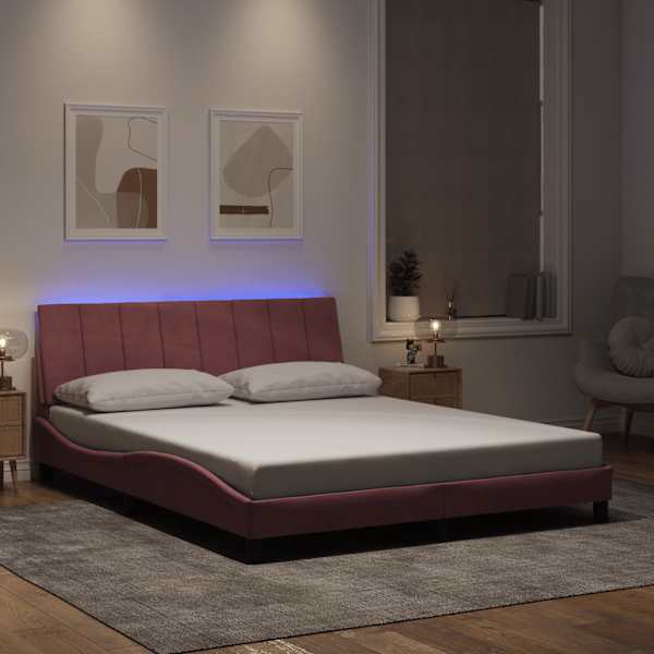 LED-valgustusega voodiraam, roosa, 160 × 200 cm, samet — mudel 3213792