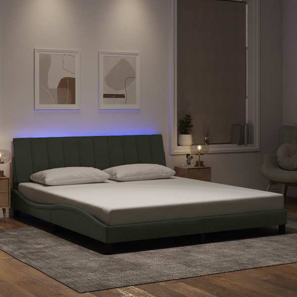 LED-valgustusega voodiraam, helehall, 180 × 200 cm, samet — mudel 3213793
