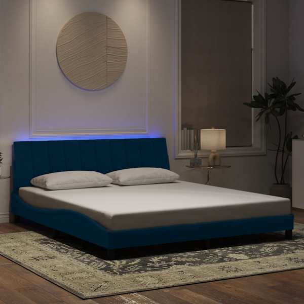 LED-valgustusega voodiraam, sinine, 180 × 200 cm, samet — mudel 3213797