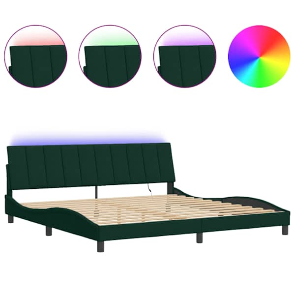 LED-valgustusega voodiraam, tumeroheline, 200 × 200 cm, samet — mudel 3213802