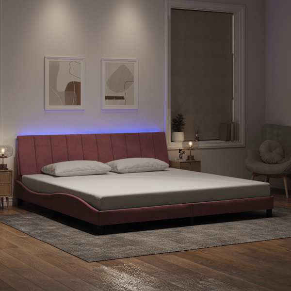 LED-valgustusega voodiraam, roosa, 200 × 200 cm, samet — mudel 3213804