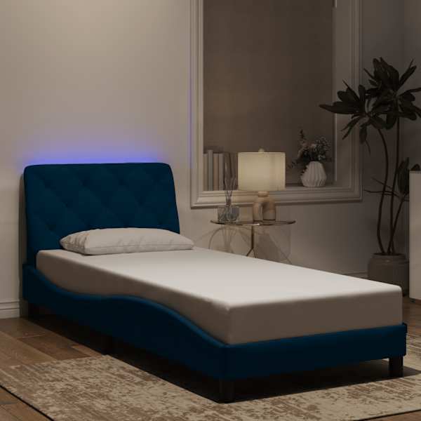 LED-valgustusega voodiraam, sinine, 90 × 190 cm, samet — mudel 3213829
