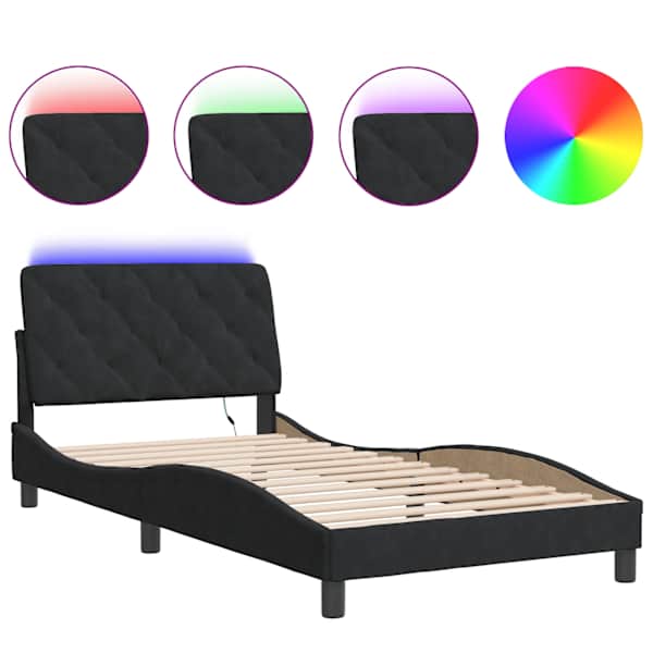 LED-valgustusega voodiraam, must, 100 × 200 cm, samet — mudel 3213839