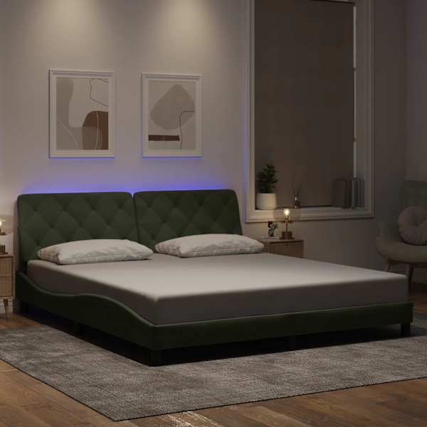 LED-valgustusega voodiraam, helehall, 180 × 200 cm, samet — mudel 3213867