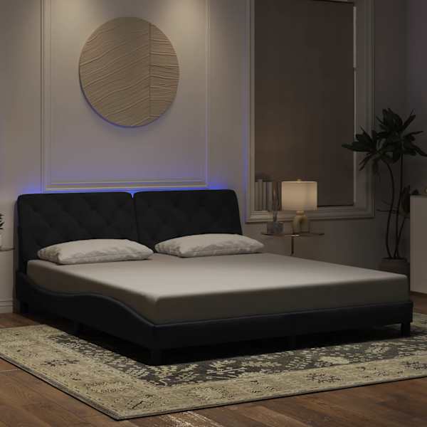 LED-valgustusega voodiraam, must, 180 × 200 cm, samet — mudel 3213869
