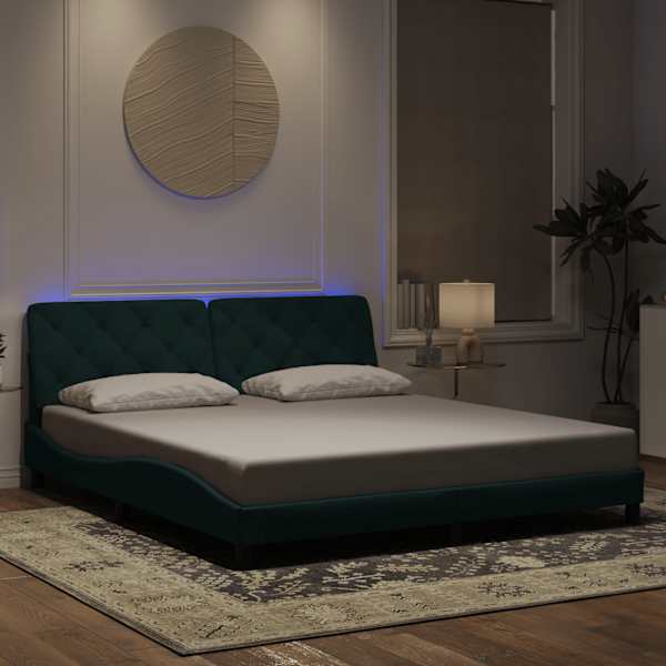 LED-valgustusega voodiraam, tumeroheline, 180 × 200 cm, samet — mudel 3213870