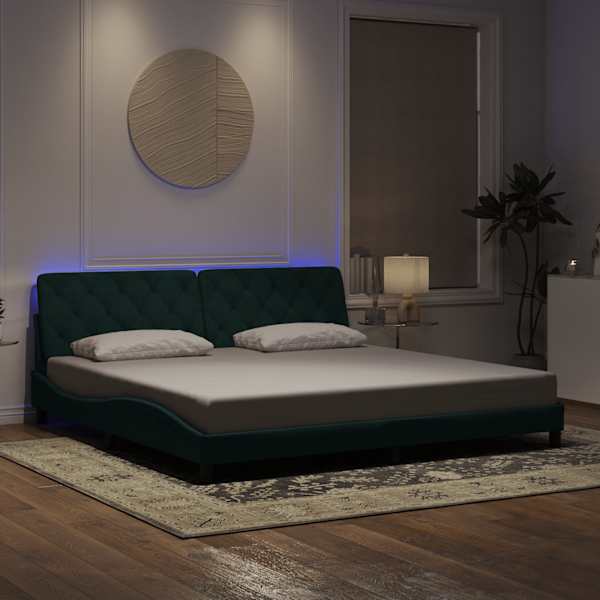 LED-valgustusega voodiraam, tumeroheline, 200 × 200 cm, samet — mudel 3213876